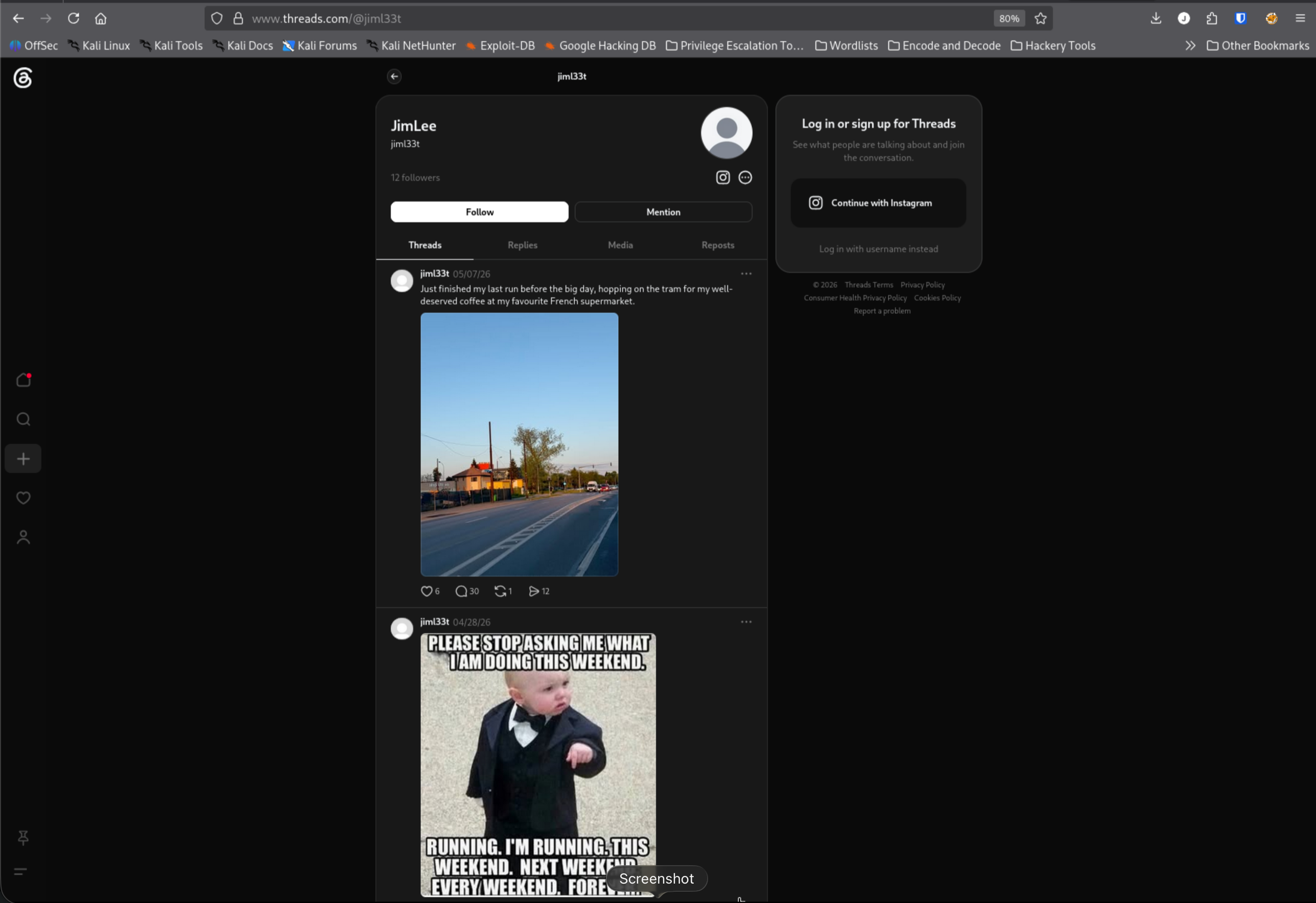 Threads profile for JimL33t with posted image showing surrounding area